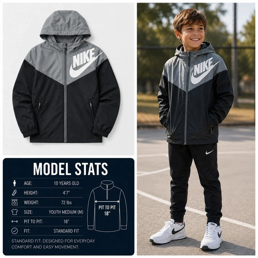 Nike Boys Windrunner Windbreaker Jacket Black Grey Packable Hooded Youth Medium